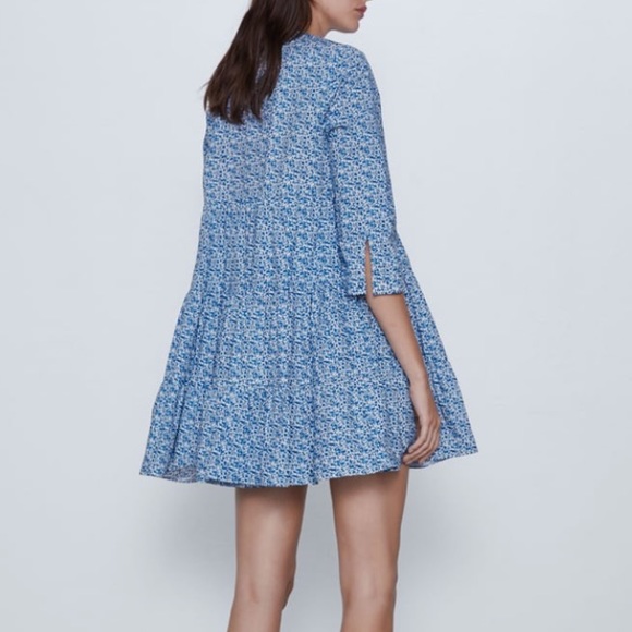 Zara blue floral print cotton dress - Picture 3 of 5
